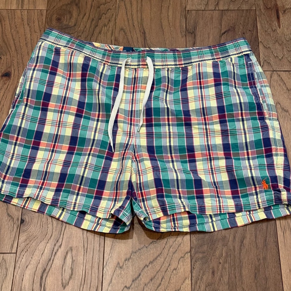 Polo Ralph Lauren Mens Plaid Swim Trunks Green Blue Orange Pony Large
